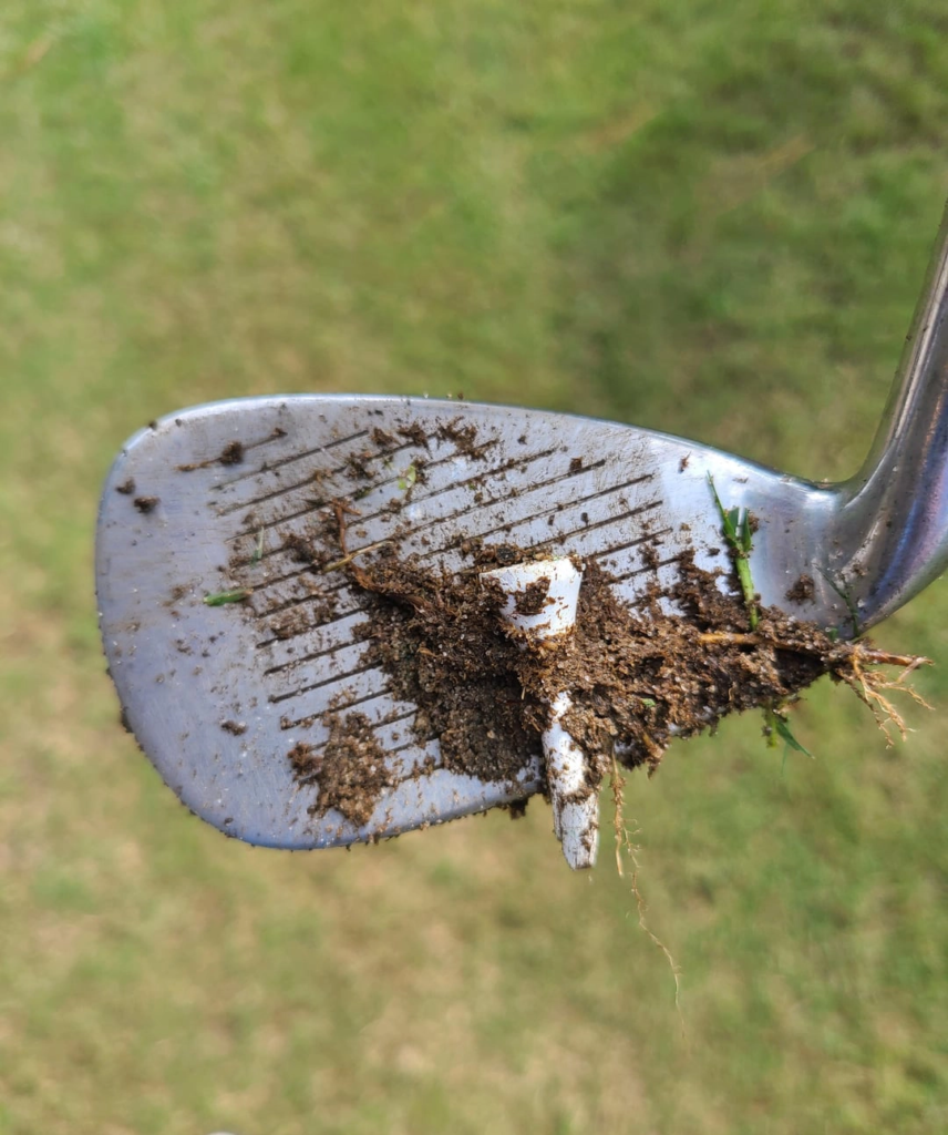 picture of golf club with dirt , grass and part of a tee - chunked it a bit